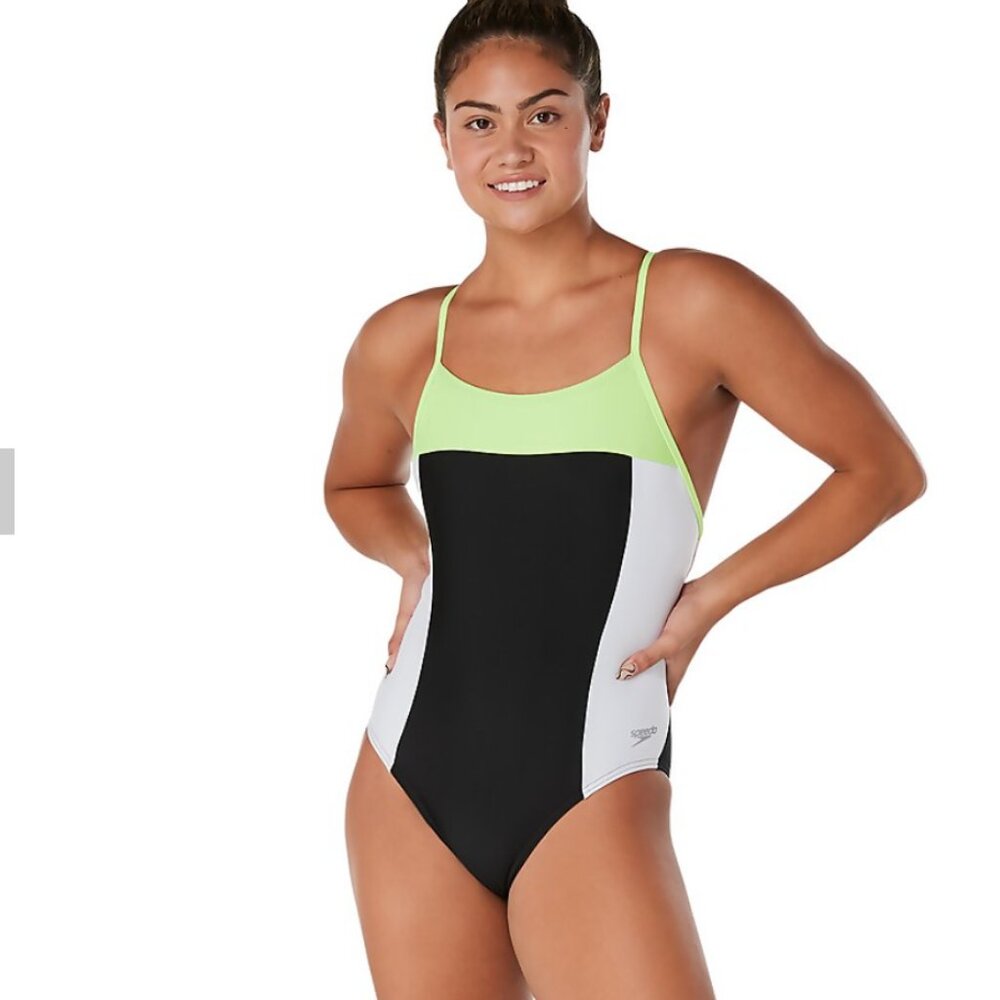 NWT SPEEDO Women's Colorblock Relay Back with Shelf Bra One Piece 12/38